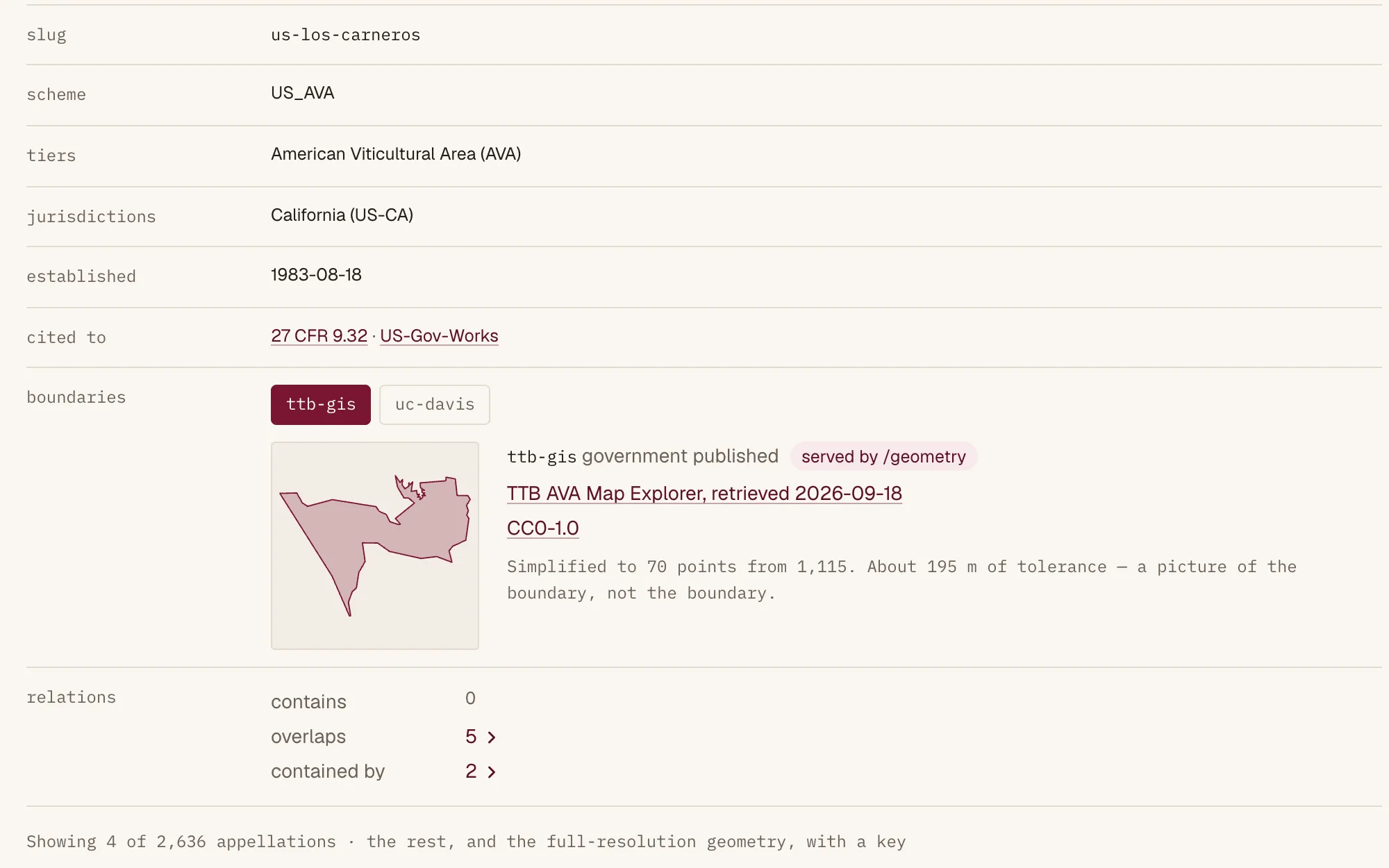 WineGraph record for Los Carneros: scheme, establishment date, legal citation, boundary polygon and related appellations