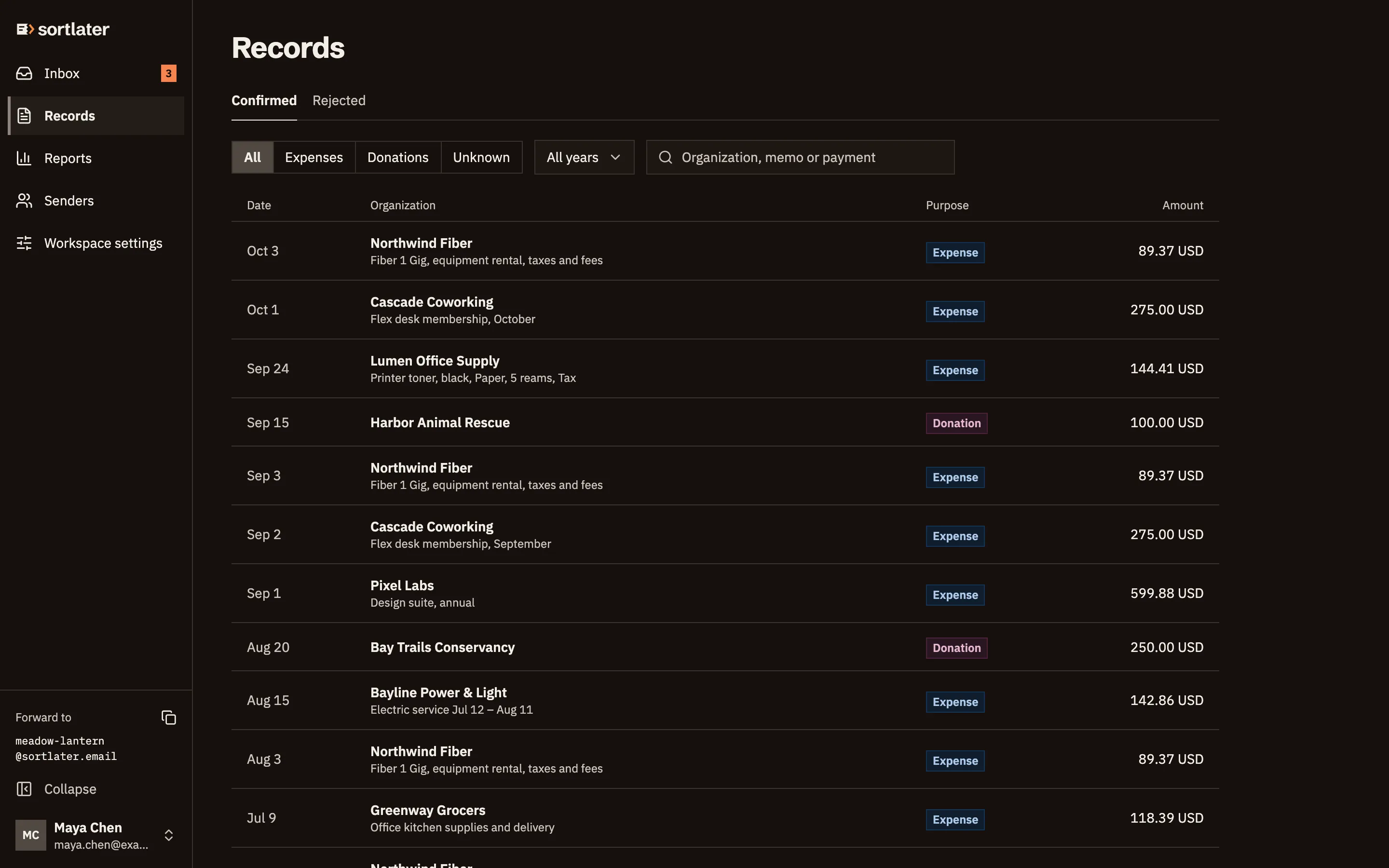 sortlater Records list of confirmed expenses and donations with dates, organizations and amounts