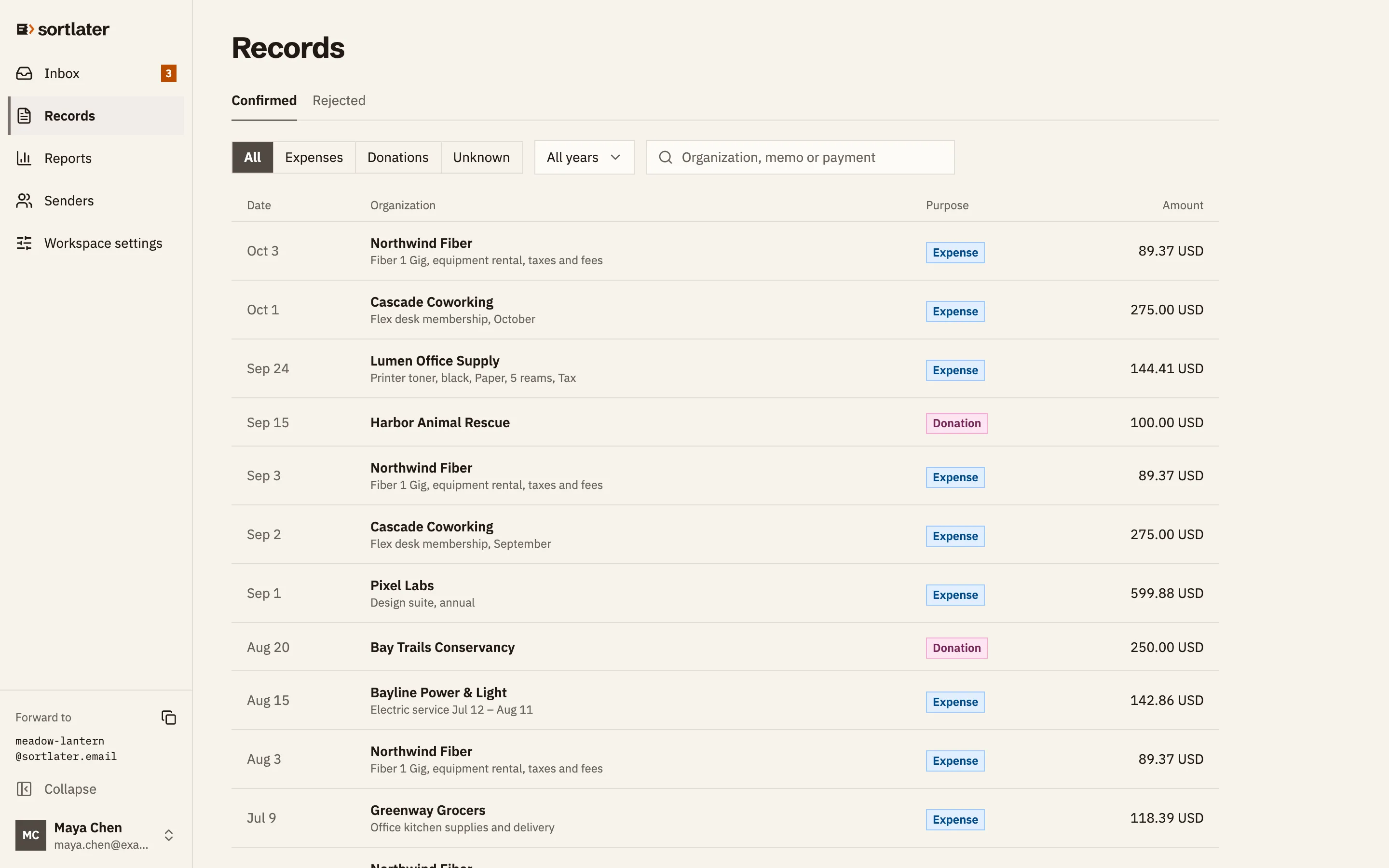sortlater Records list of confirmed expenses and donations with dates, organizations and amounts