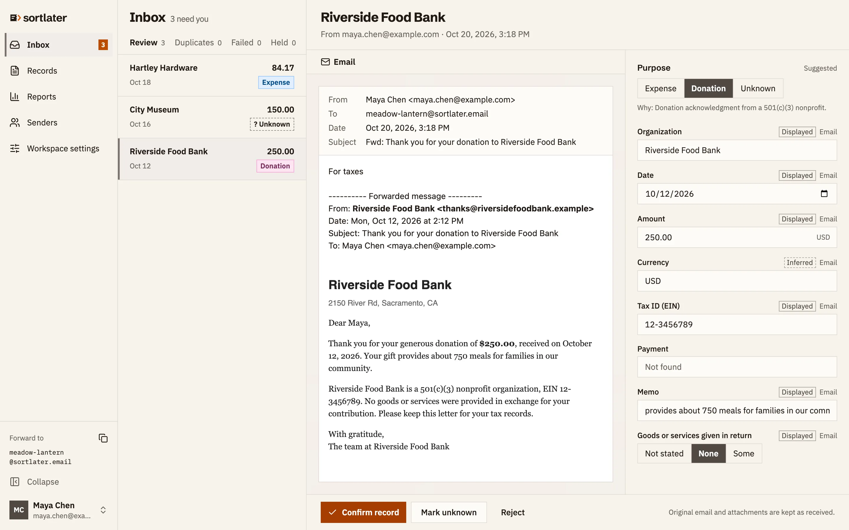 sortlater inbox reviewing a forwarded donation receipt, with the organization, date, amount and tax ID extracted for confirmation