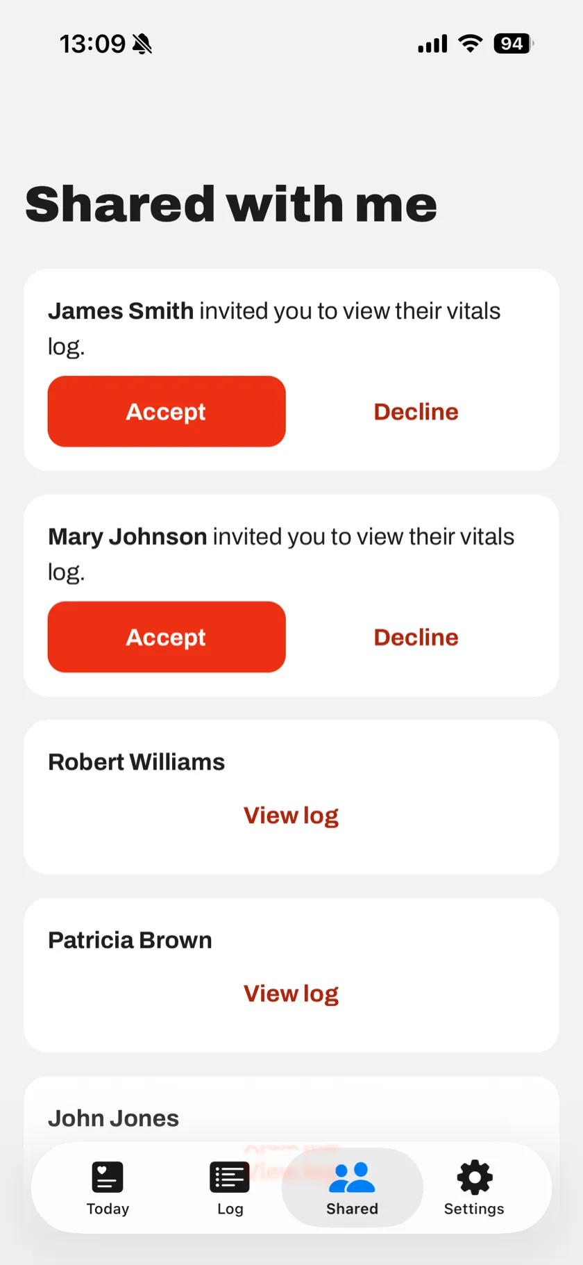 ShareVitals Shared with me screen with pending invitations and shared logs